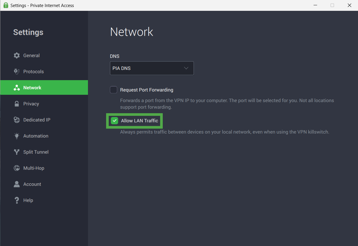 PIA app showing the "Network" and "Allow LAN Traffic" option highlighted.
