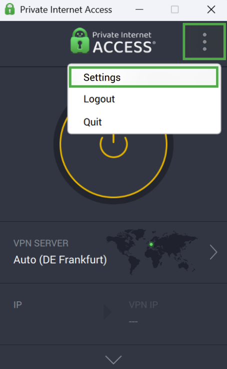 PIA app showing the "Settings" option highlighted.