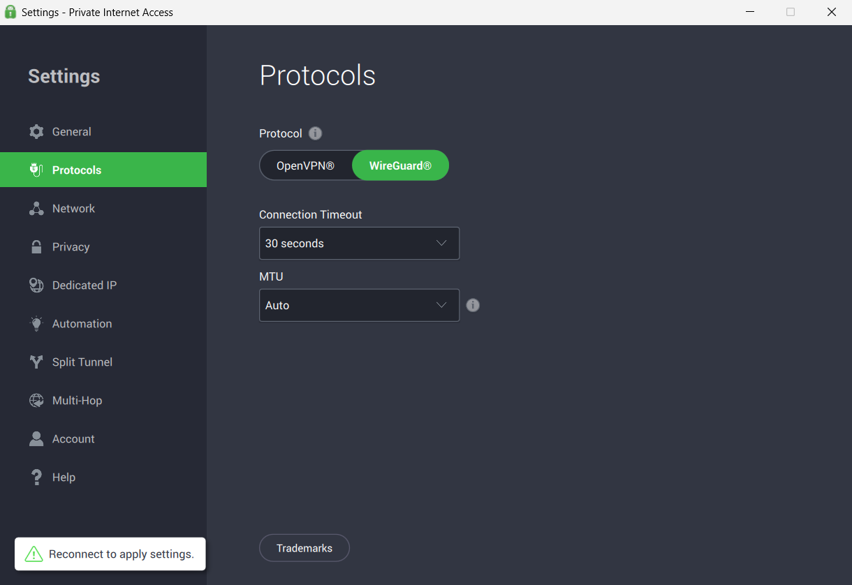 PIA app showing the "Protocols" option and the "WireGuard" protocol highlighted.