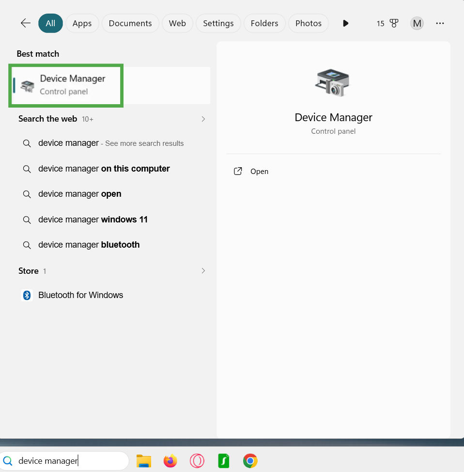 Start Menu showing the "Device Manager" option highlighted.