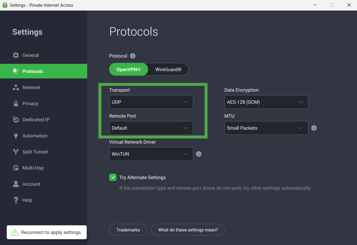 The Protocols tab in the PIA app for desktop, with a highlighted "Transport" and "Remote Port" sections in the OpenVPN settings.