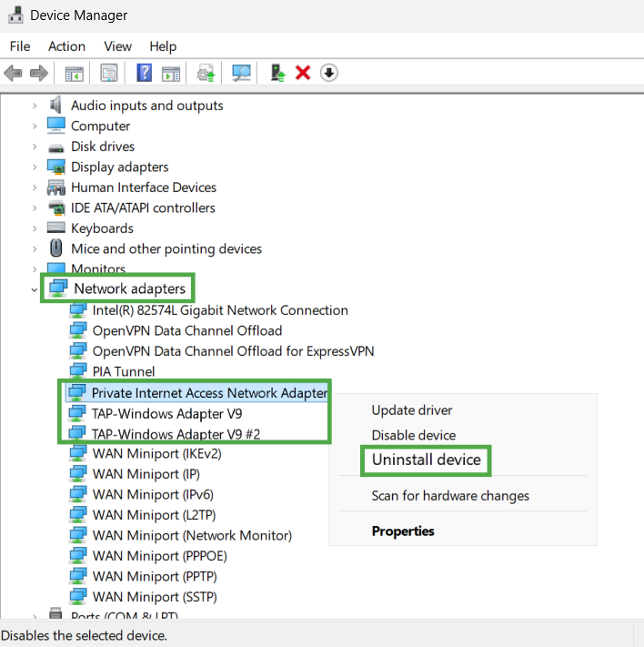 Device Manager showing the "Network adapters" option and the "Uninstall device" option highlighted for the PIA adapters.