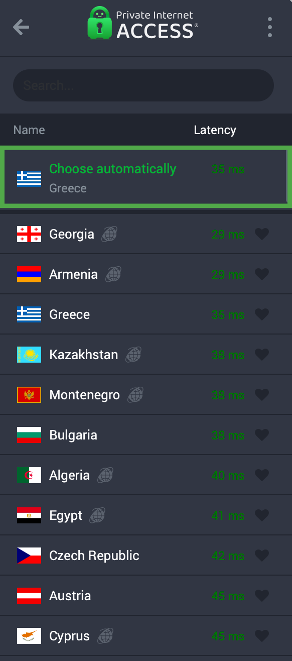 PIA app showing the automatic server selection highlighted.
