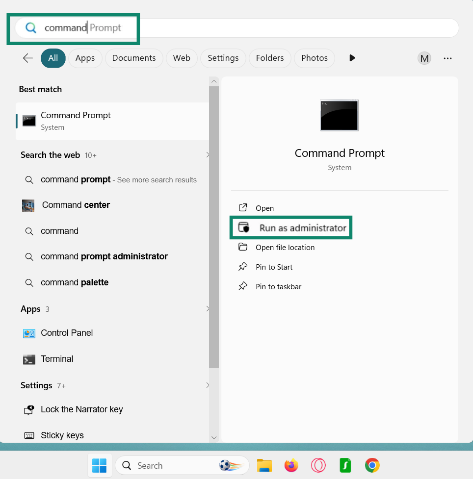Windows 11 Start Menu showing the "Run as administrator" option highlighted for the Command Prompt.
