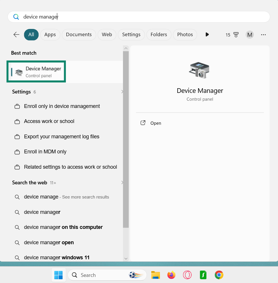 Start Menu showing the "Device Manager" option highlighted.