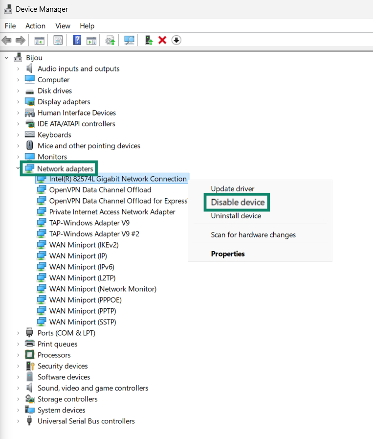 Windows 11 Device Manager showing the "Network adapters" and "Disable device" option highlighted.