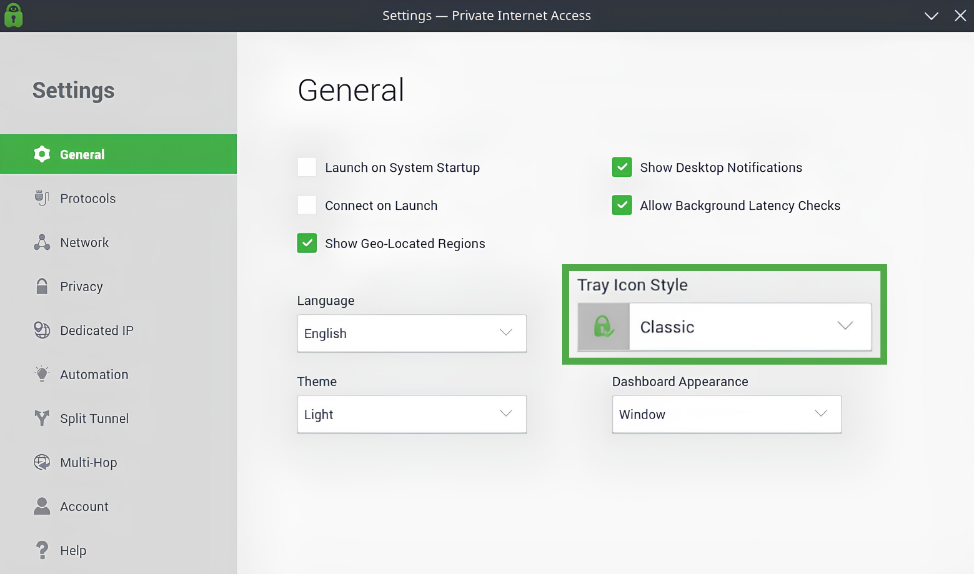 PIA VPN Tray Icon Style option under General Settings.