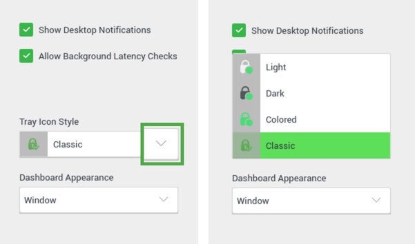 PIA VPN Tray Icon Style dropdown menu showing Light, Dark, Colored, and Classic options.