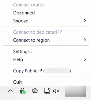 PIA VPN tray menu.