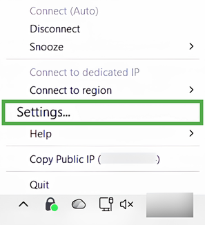 PIA VPN tray menu with Settings highlighted.