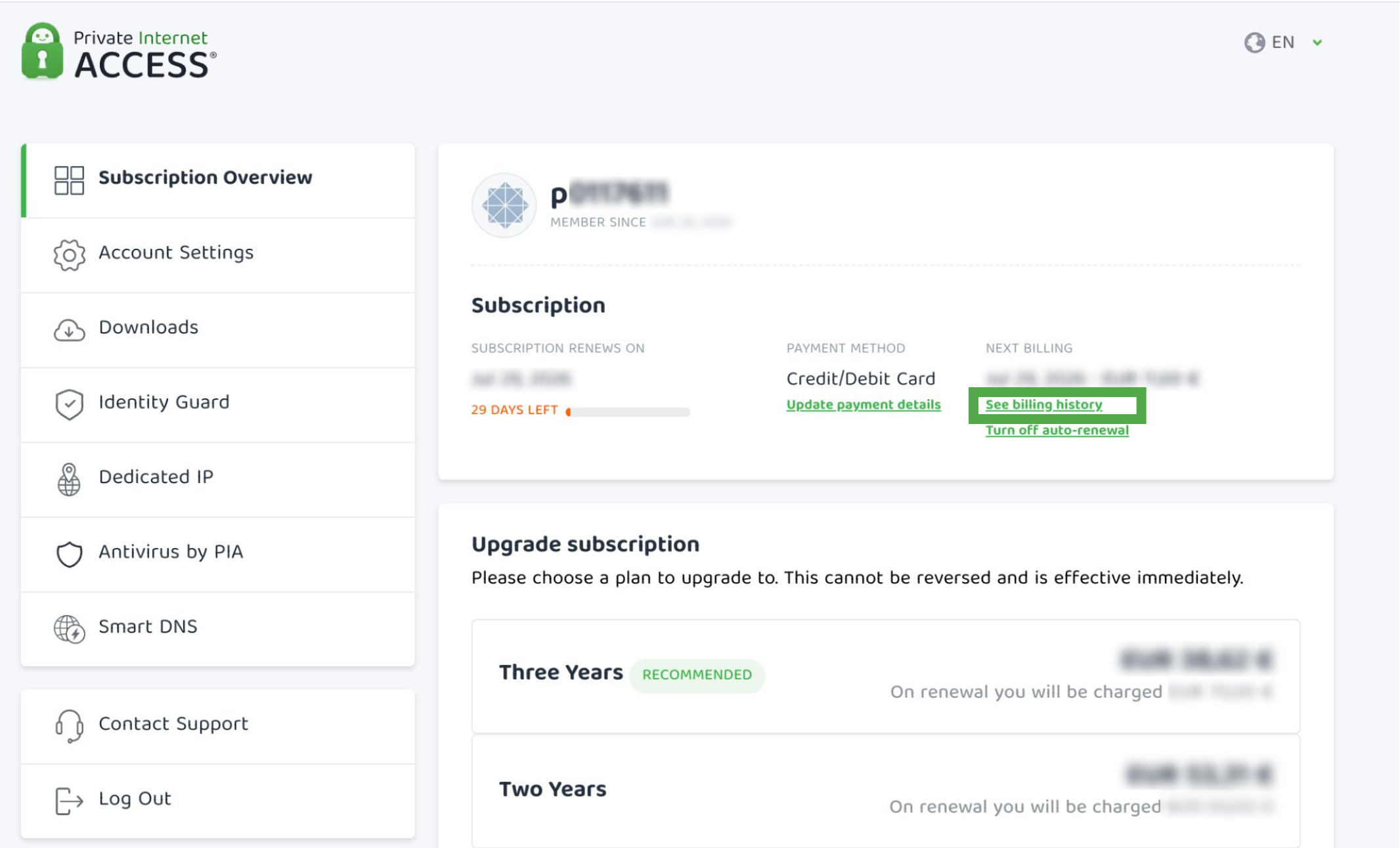 PIA client portal, showing a highlighted "See billing history" option.