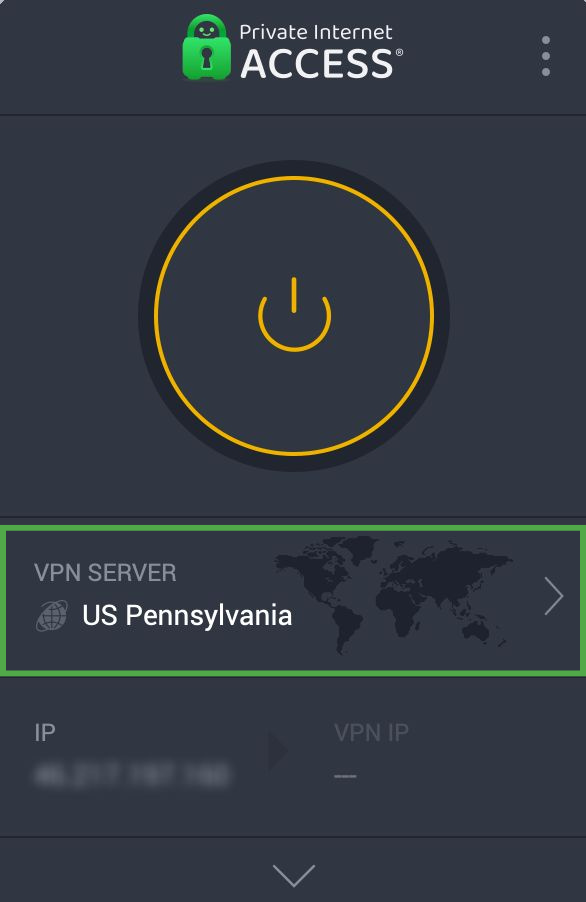 The main PIA screen in the desktop app, with a highlighted "VPN SERVER" section.