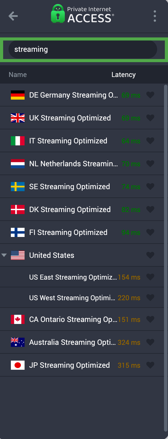 PIA's list of streaming-optimized servers, with the word "streaming" in the search bar.