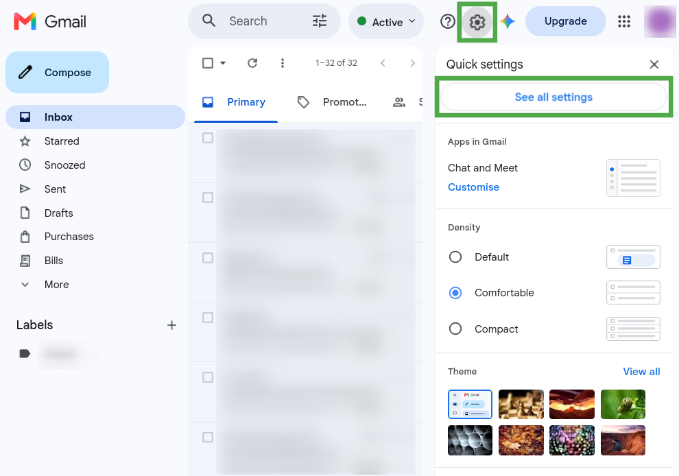 Gmail inbox with settings navigation menu.