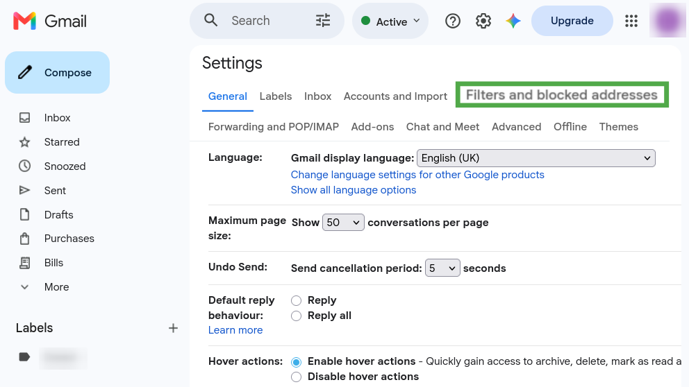 Gmail Settings page with the Filters and blocked addresses tab highlighted.