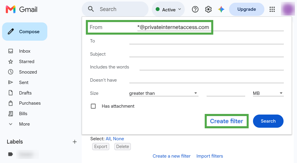 Creating a Gmail inbox filter based on a sender's domain.