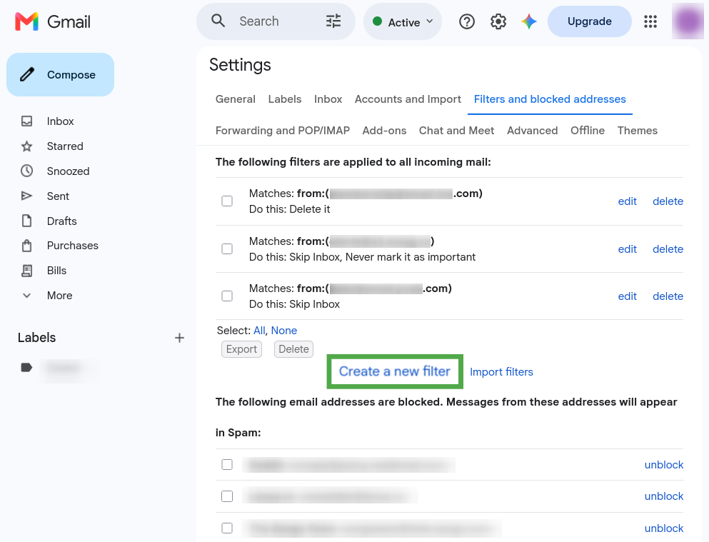Creating a new filter in Gmail's advanced settings.