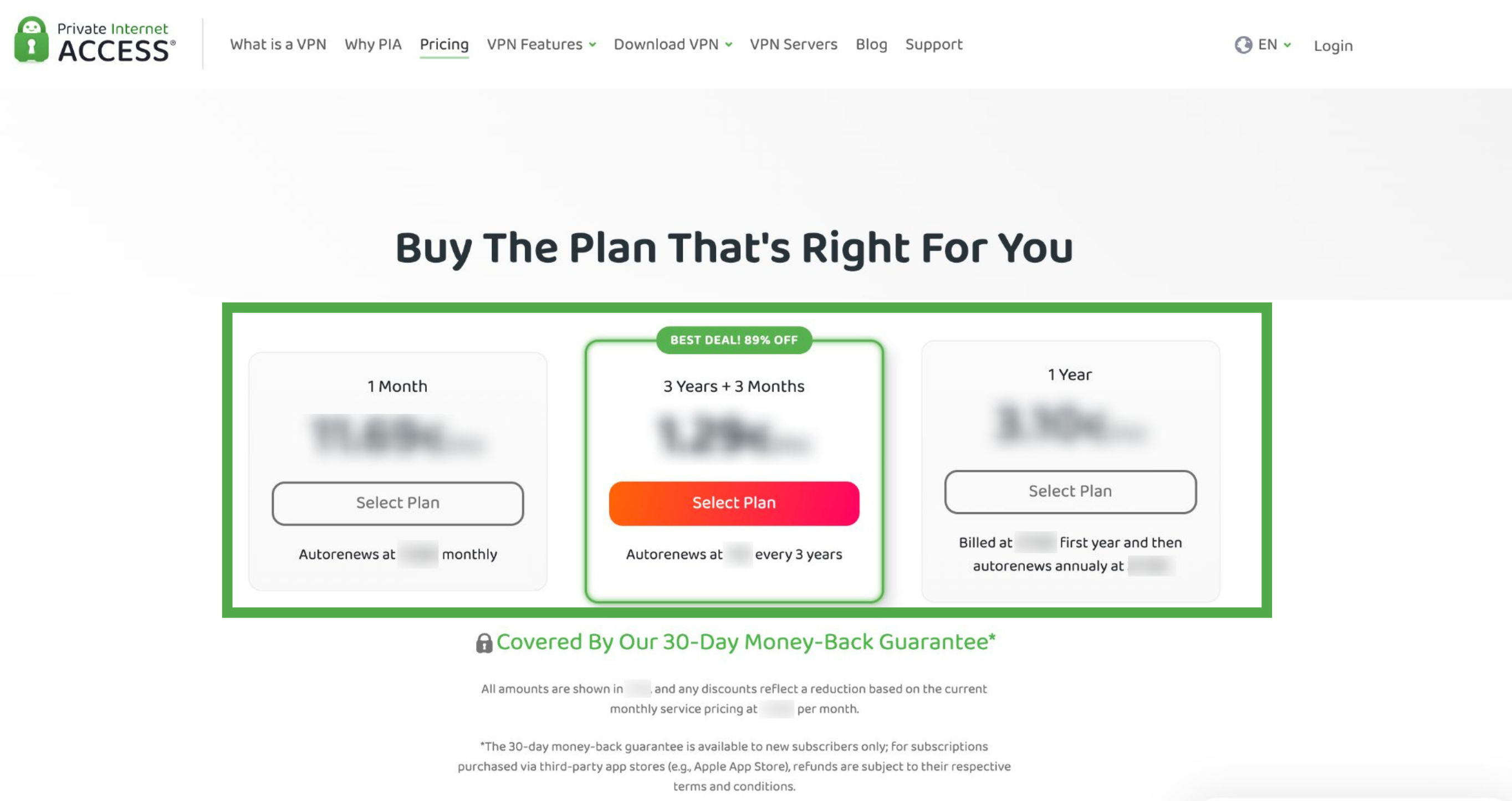 PIA's pricing page, showing the three available subscription options.