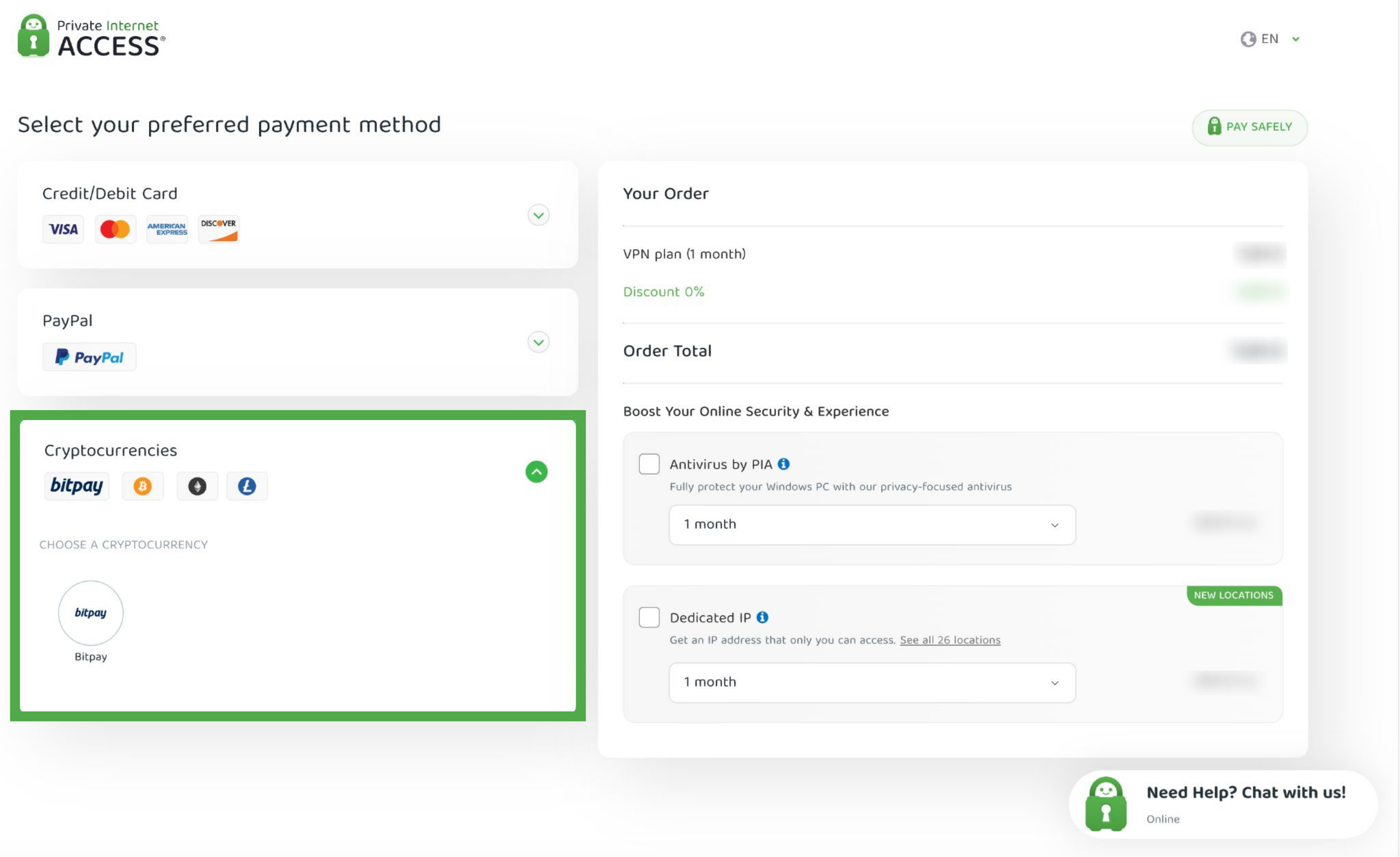 PIA's available payment method on the checkout page, with a highlighted "Cryptocurrencies" option.