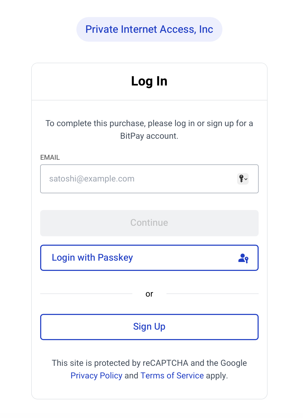 Bitpay login screen showing options to log in with an email address, log in with a passkey, or sign up for a new account.