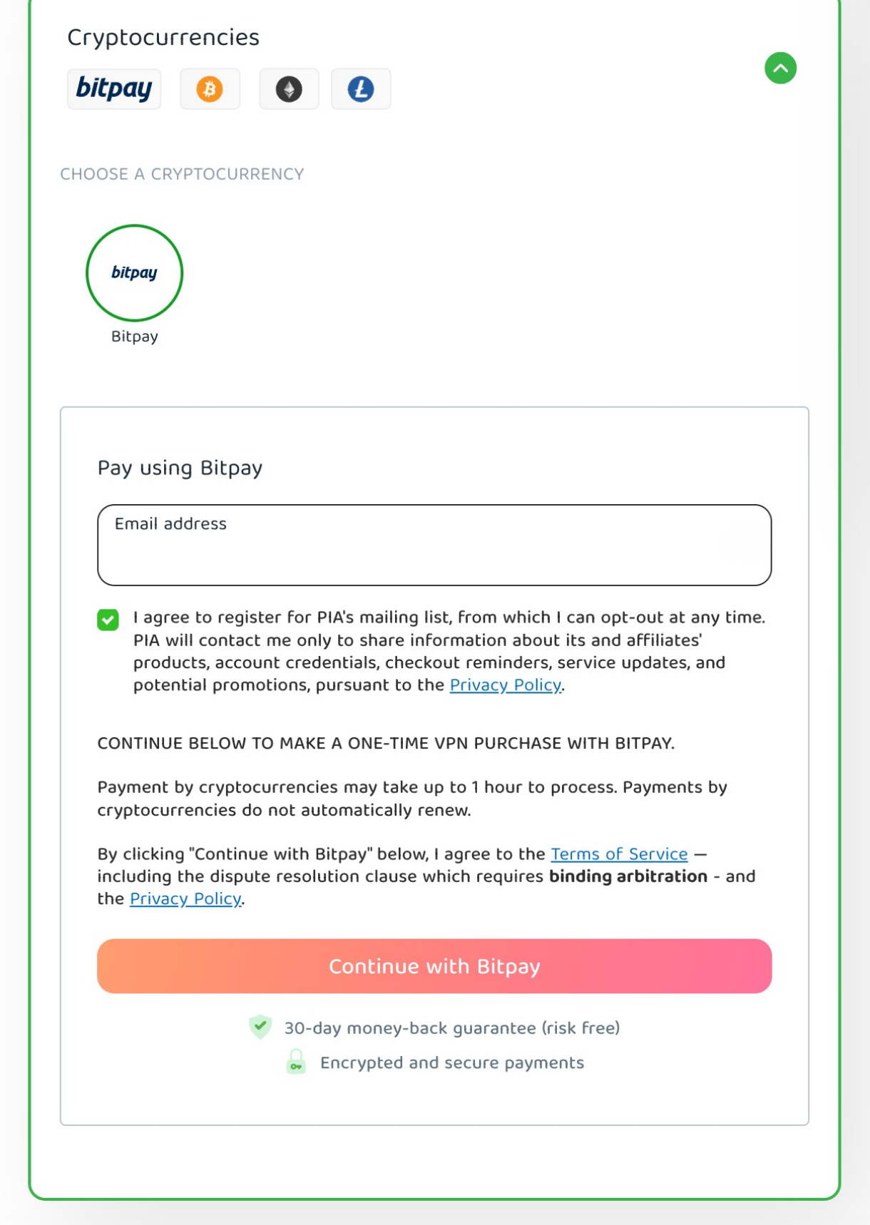 The "Pay using Bitpay" dropdown, showing an email addres field and a "Continue with Bitpay" button at the bottom.