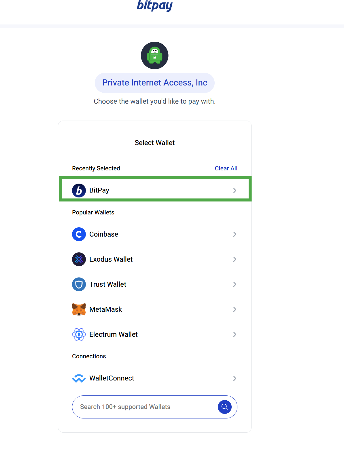 Bitpay's "Select Wallet" screen, with a highlighted "BitPay" option.