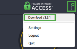 PIA desktop app showing the three-dot icon and the "Download" update button highlighted.