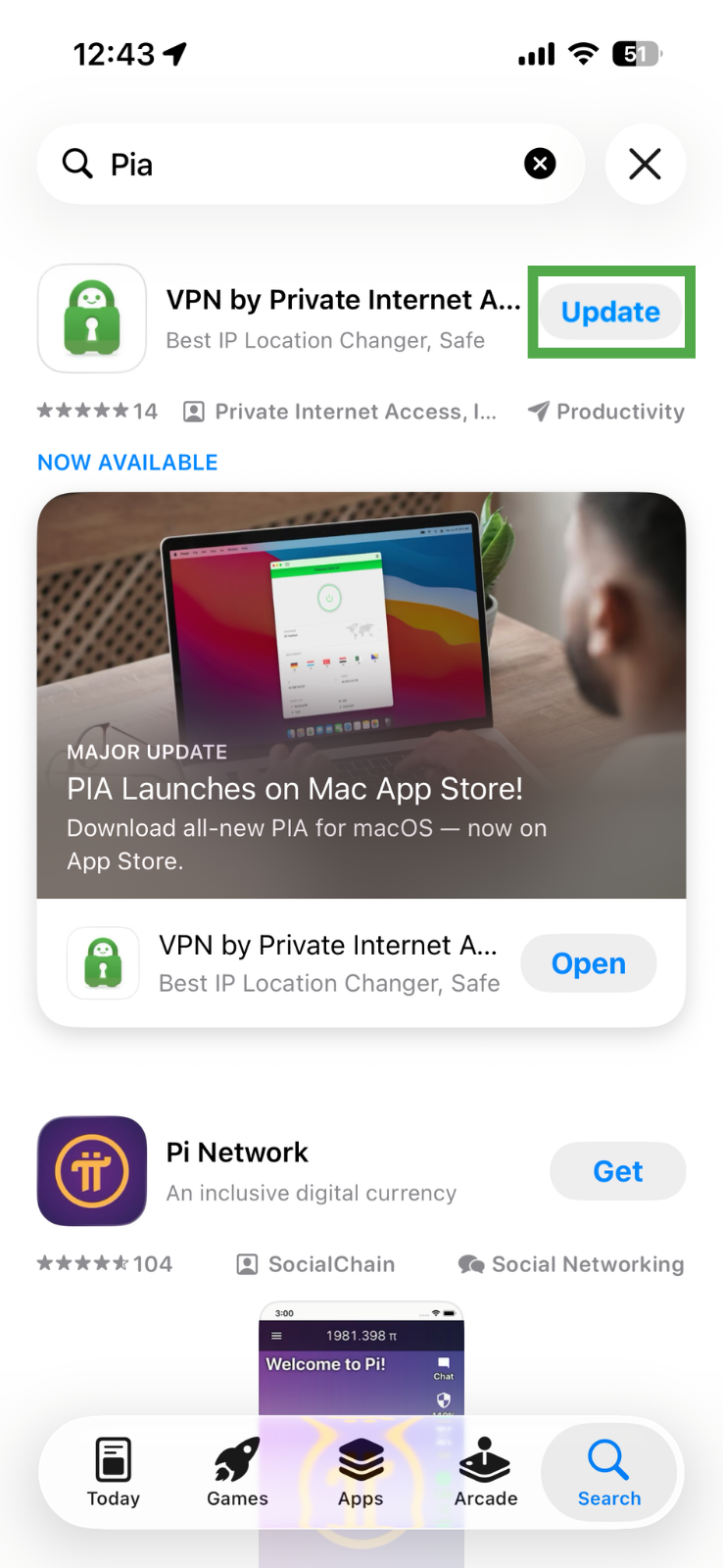 Apple Store showing the "Update" button for the PIA app highlighted.