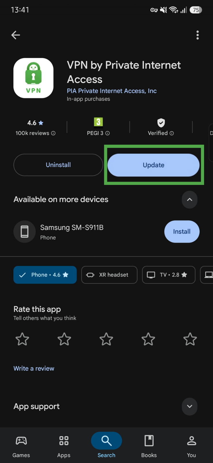 Google Play Store showing the "Update" button for the PIA app highlighted.
