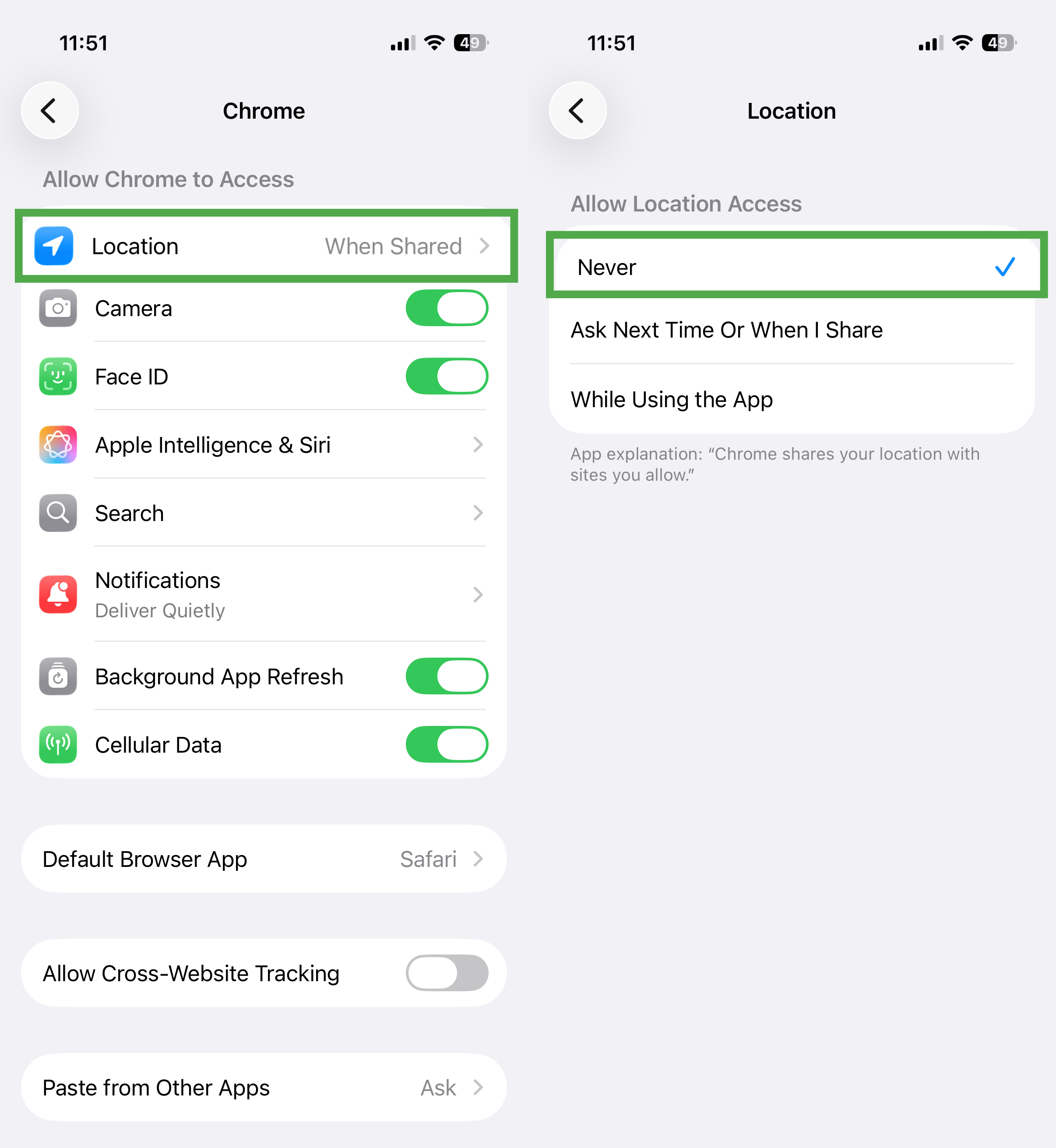 Chrome settings on iPhone showing Location, with Never selected on the location permissions screen