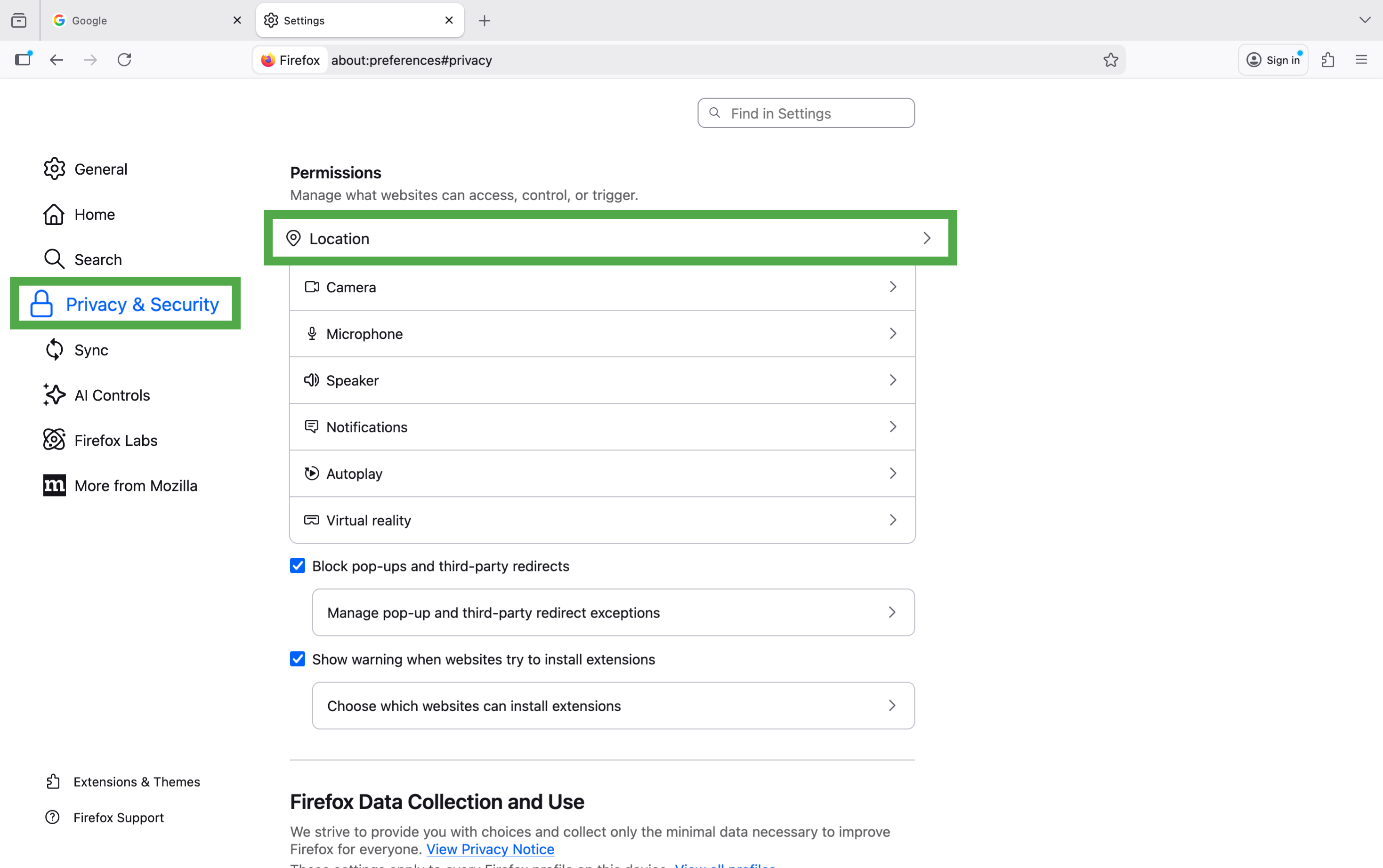 Firefox Privacy & Security settings showing Location under Permissions