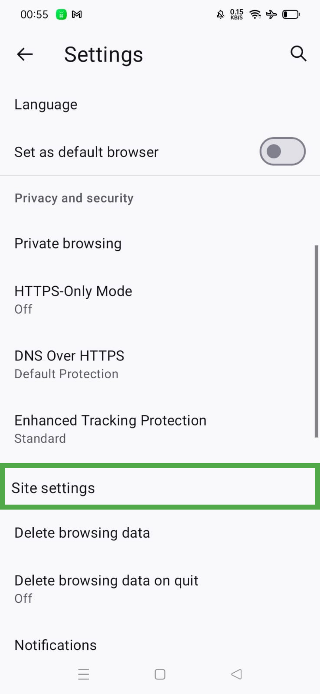 Firefox settings page on Android with Site settings highlighted