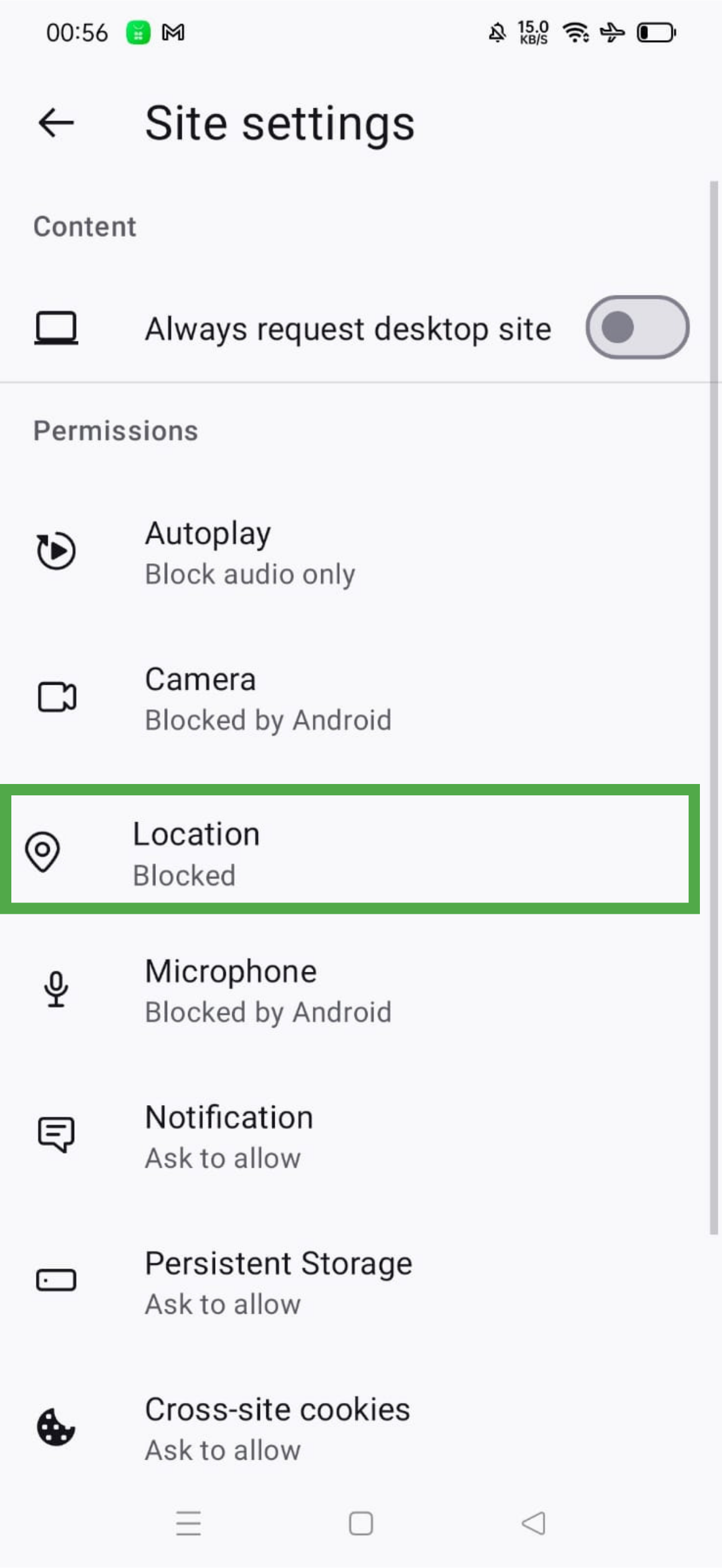 Firefox Site settings page on Android showing Location under Permissions
