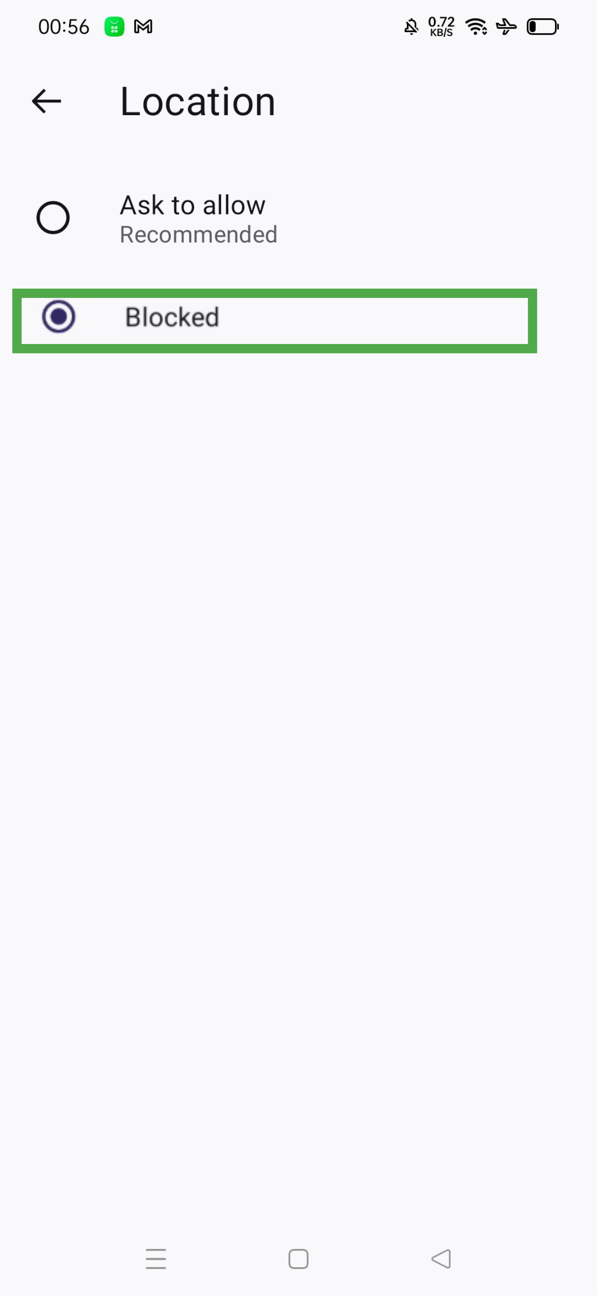 Firefox Site settings page on Android showing Location under Permissions