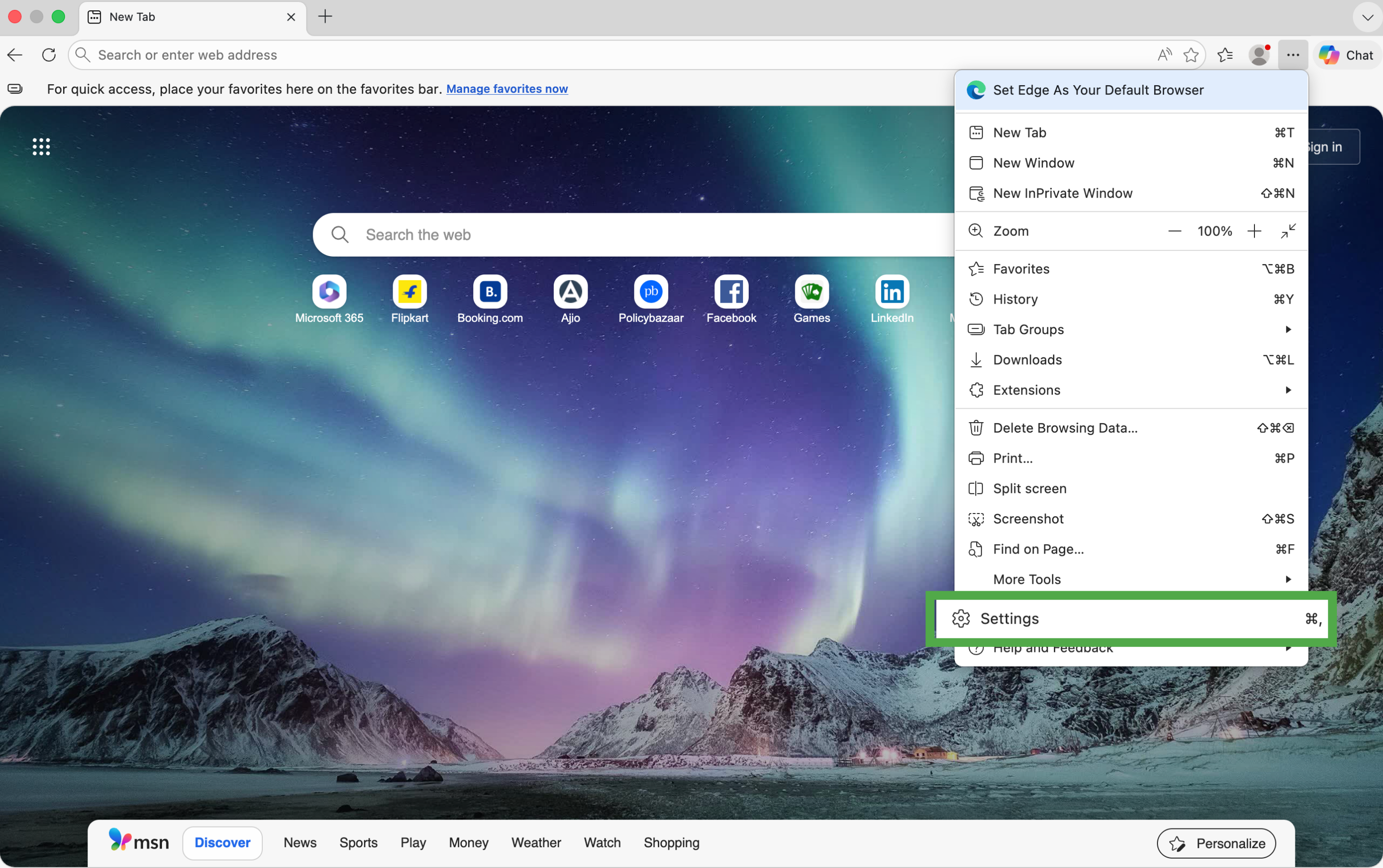 Edge menu on Mac with Settings selected