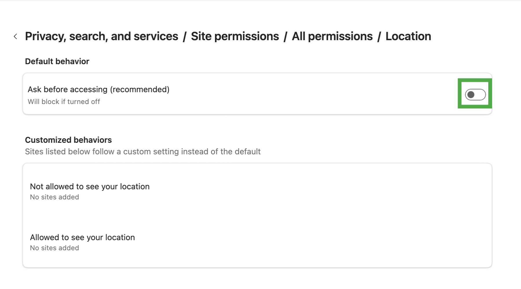 Edge location permissions with Ask before accessing turned off