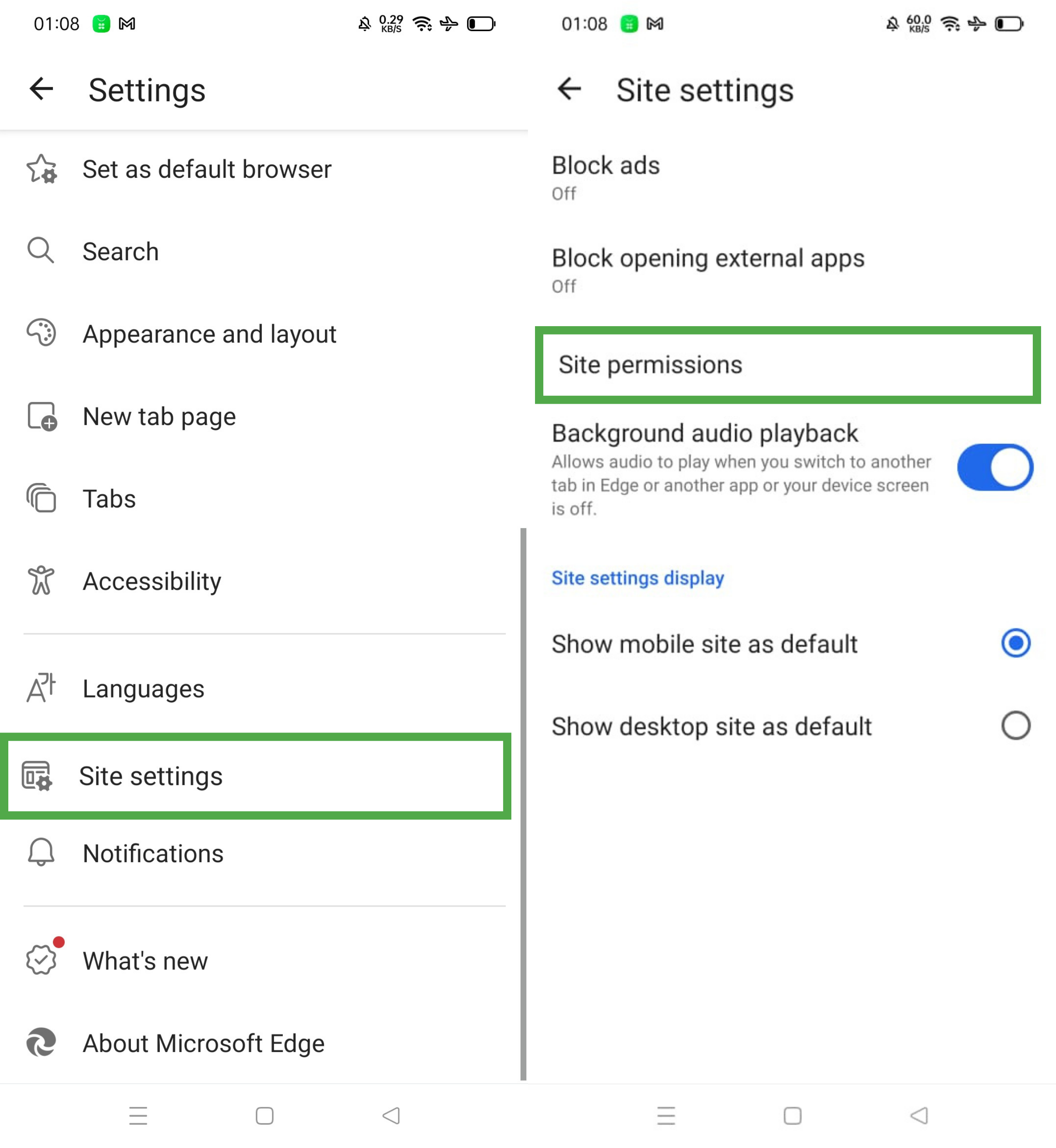 Edge settings page on Android with Site permissions highlighted under Site settings