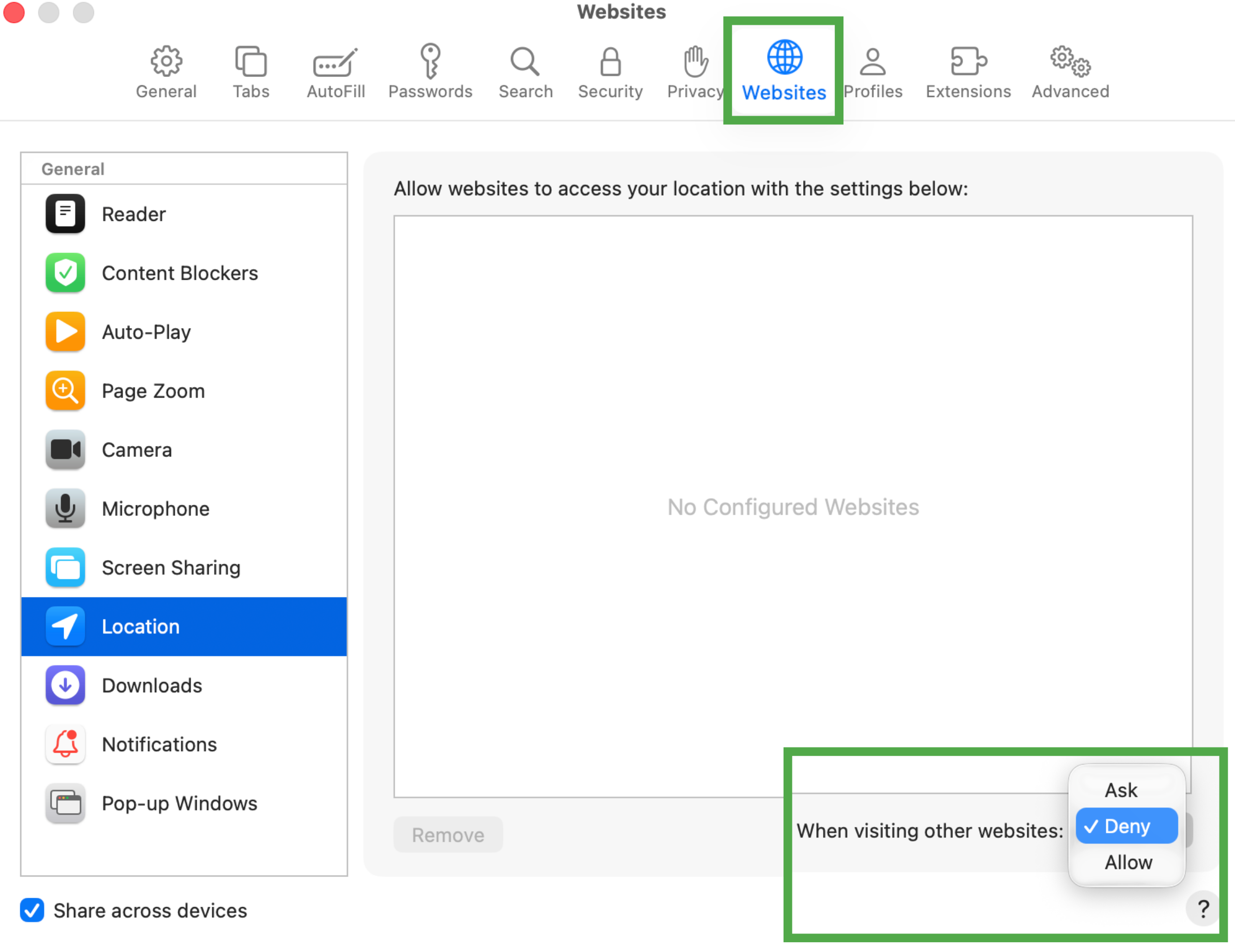 Safari Websites preferences with Location selected and When visiting other websites set to Deny