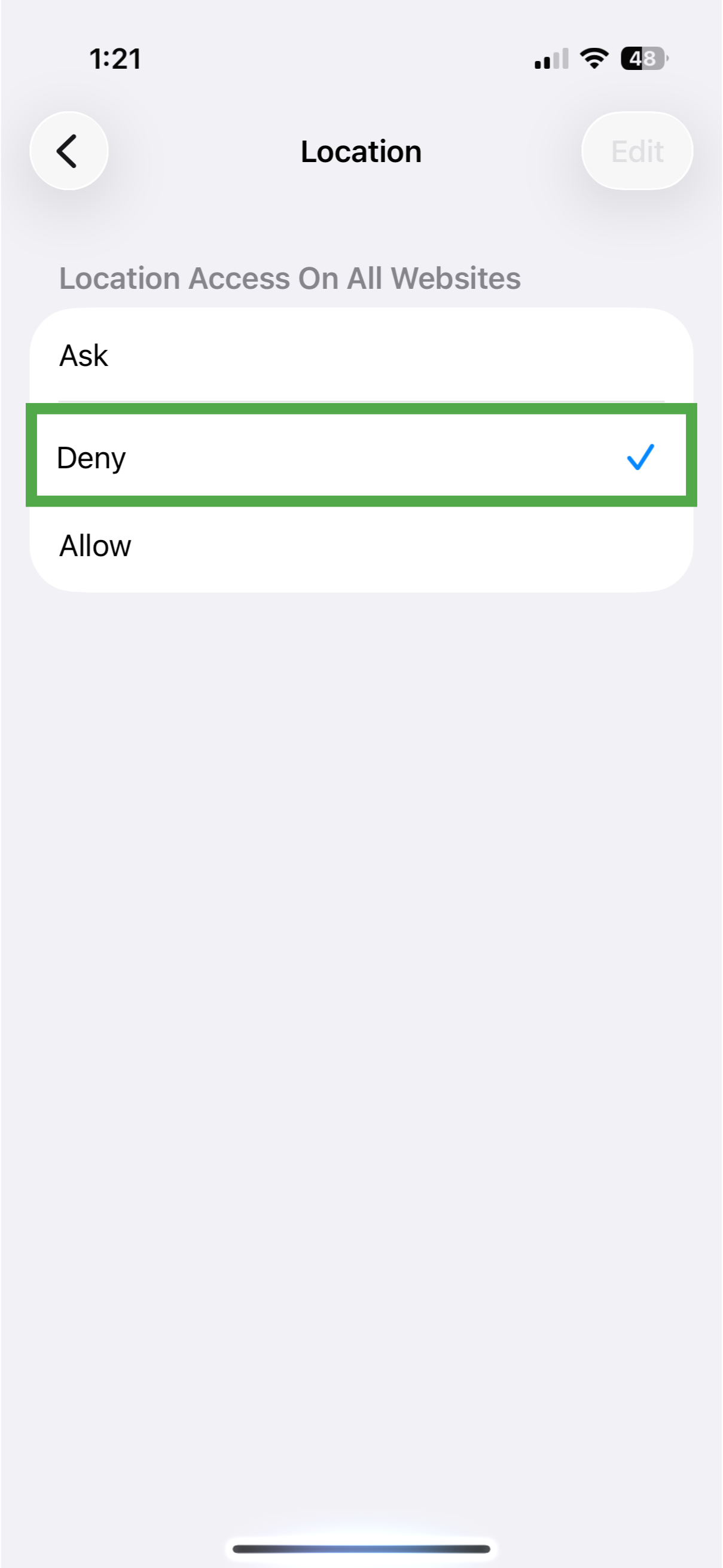 Safari location permissions on iPhone with Deny selected under Location Access On All Websites