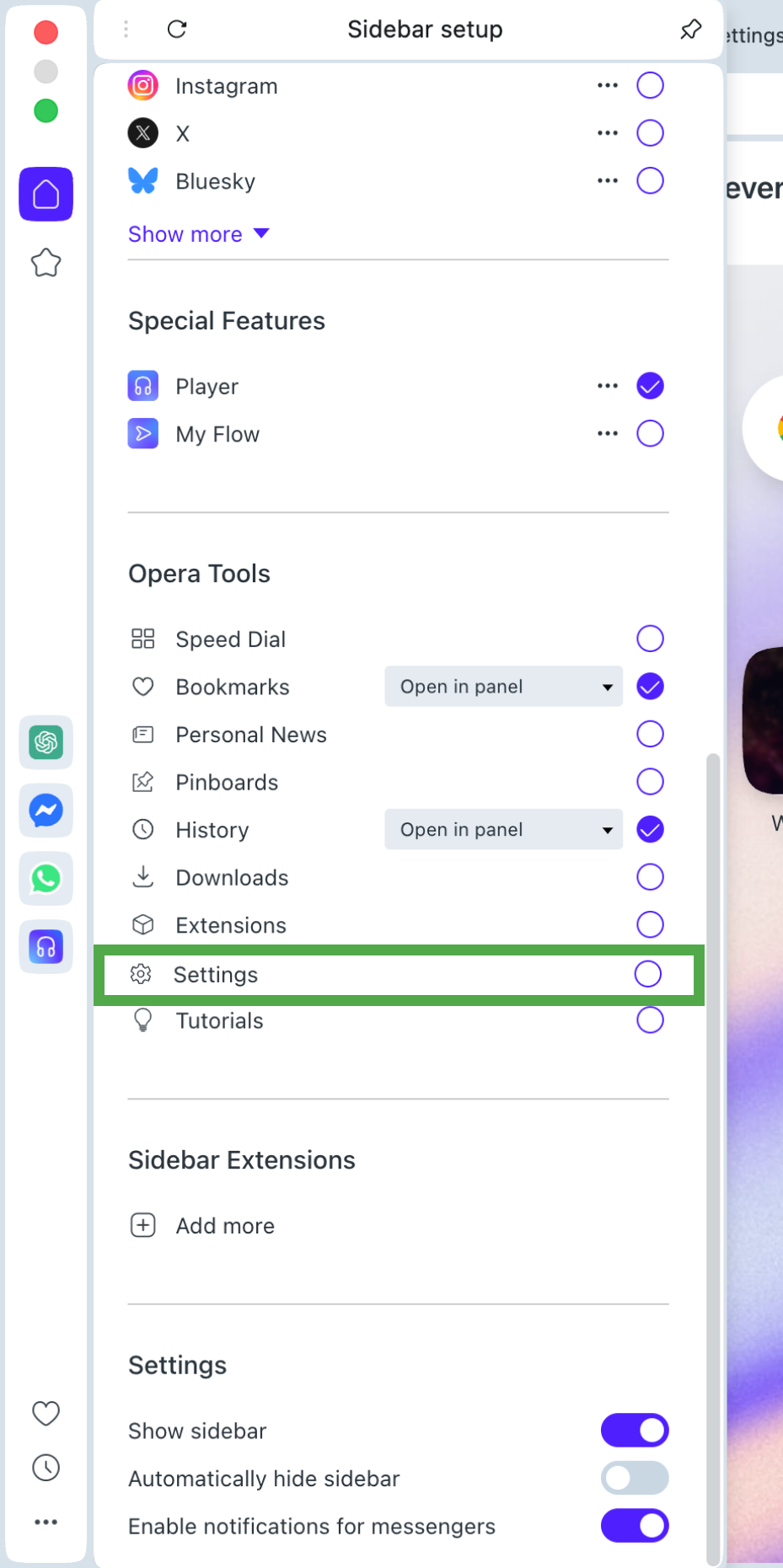 Opera sidebar setup panel with Settings selected