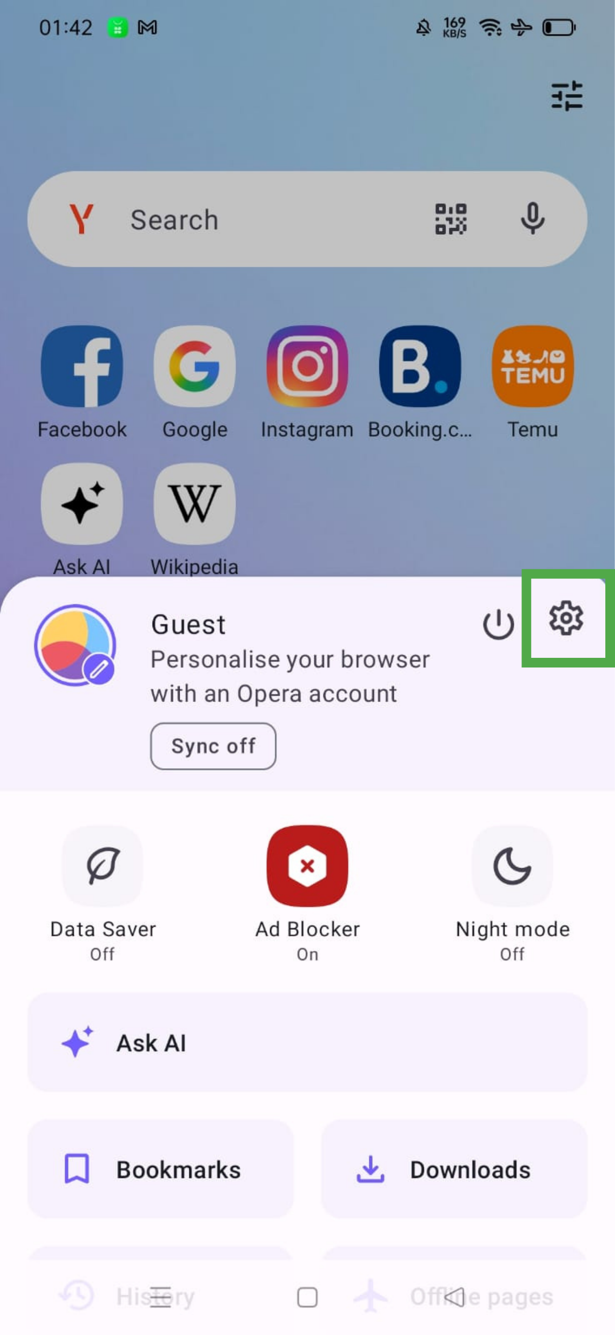 Opera profile panel on Android with the settings gear icon highlighted