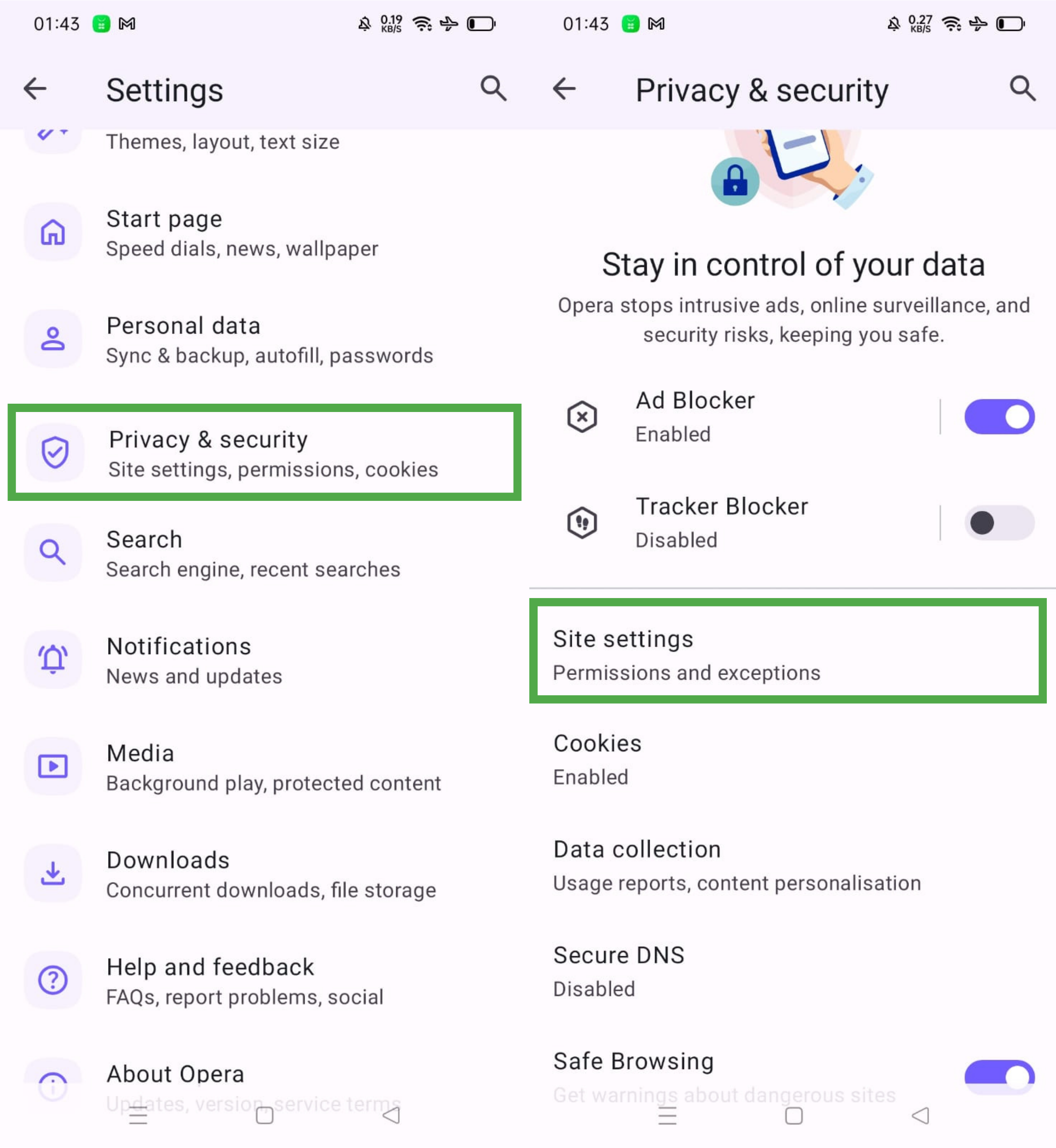 Opera settings page on Android with Site settings highlighted under Privacy & security