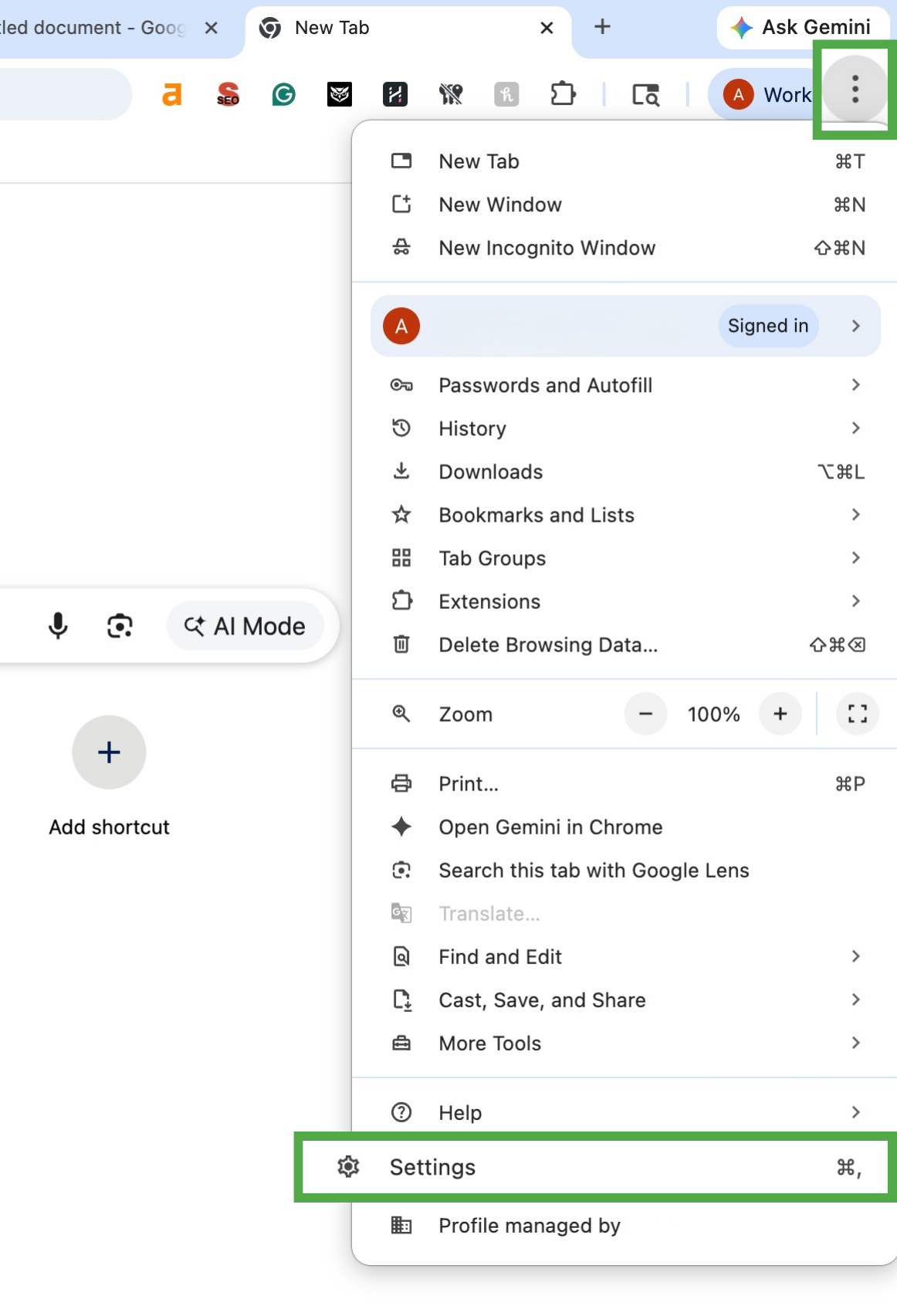Chrome settings menu on Mac with Settings selected