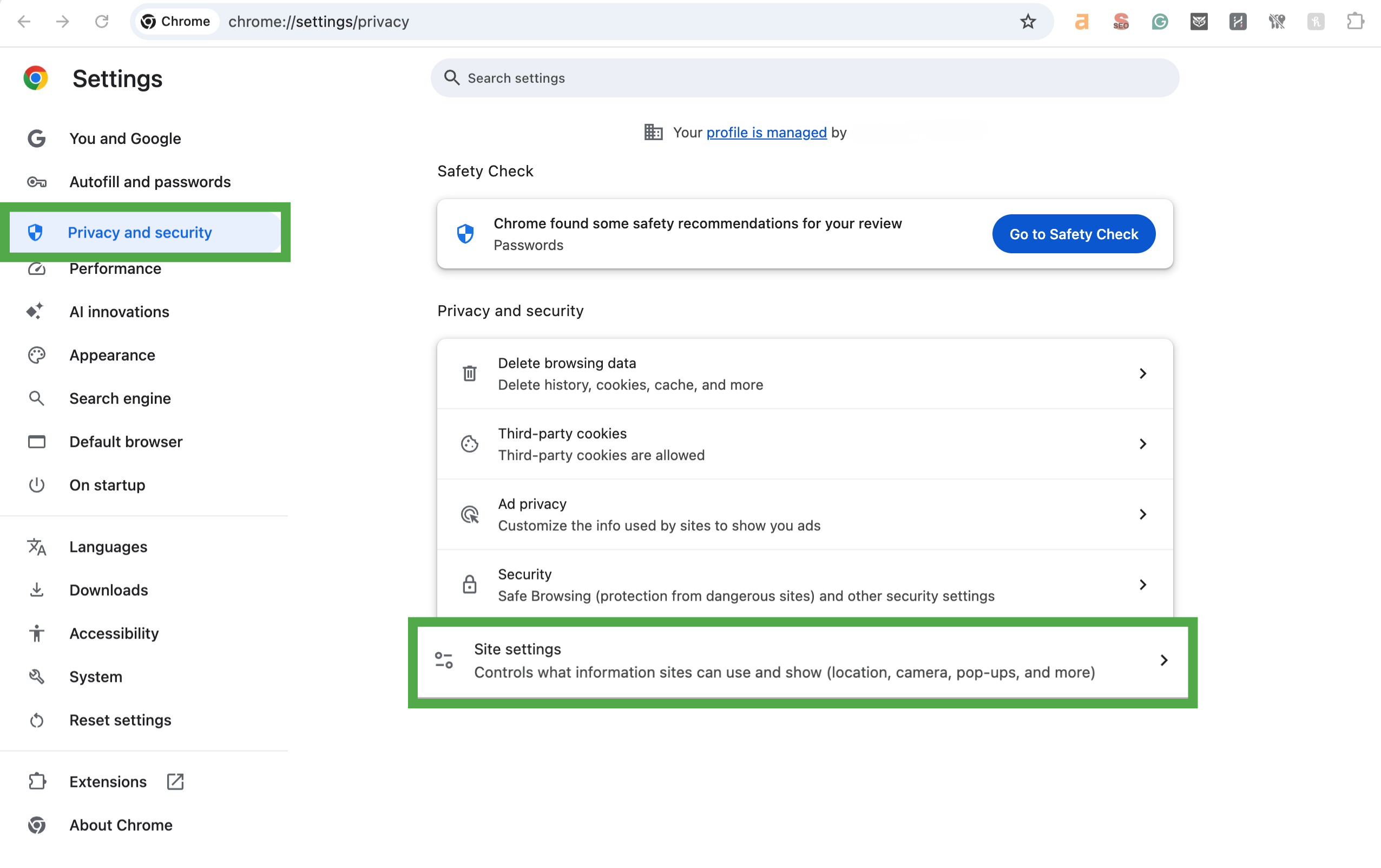 Chrome Privacy and security page showing Site settings
