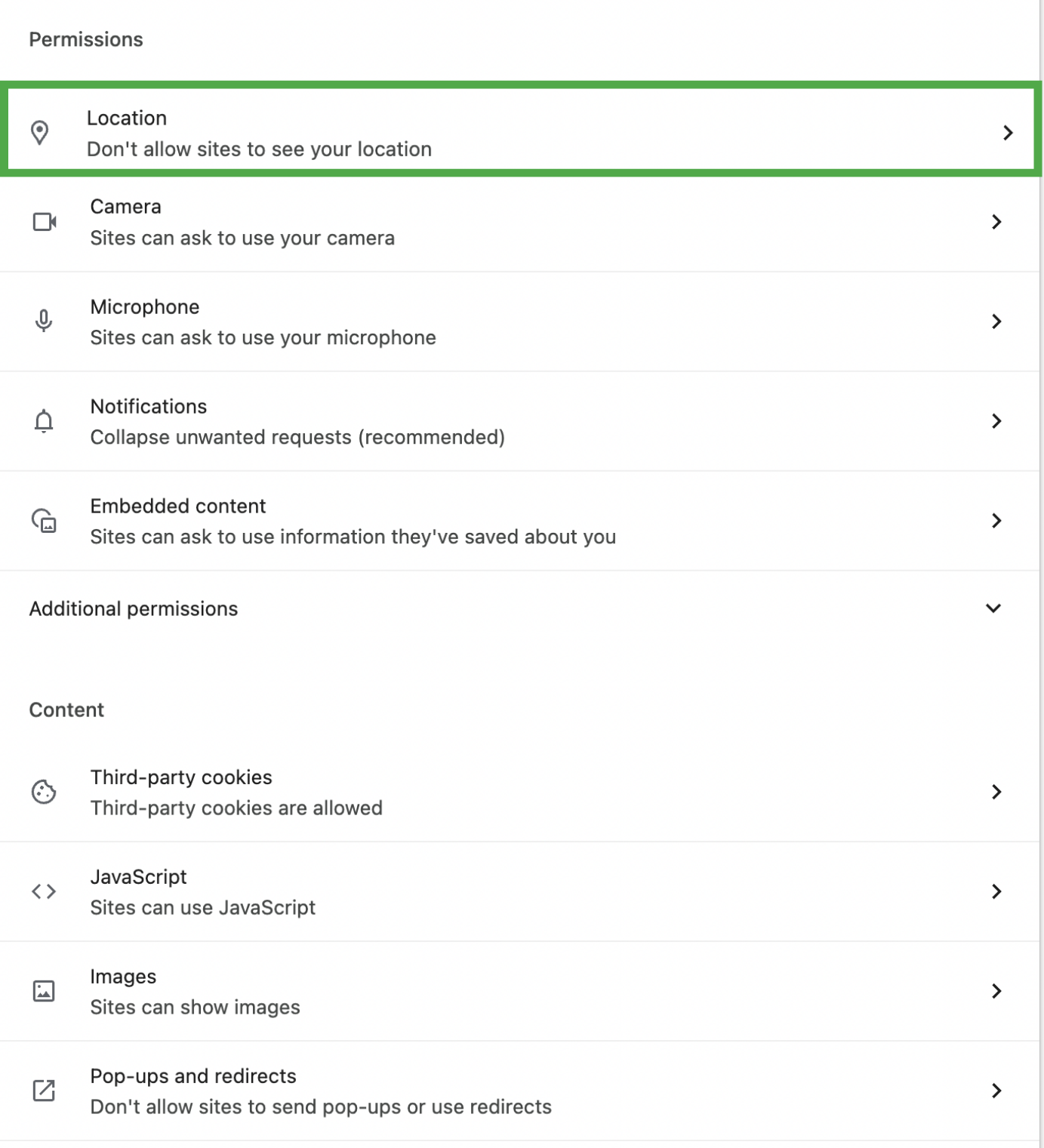 Chrome Site settings page with Location highlighted under Permissions