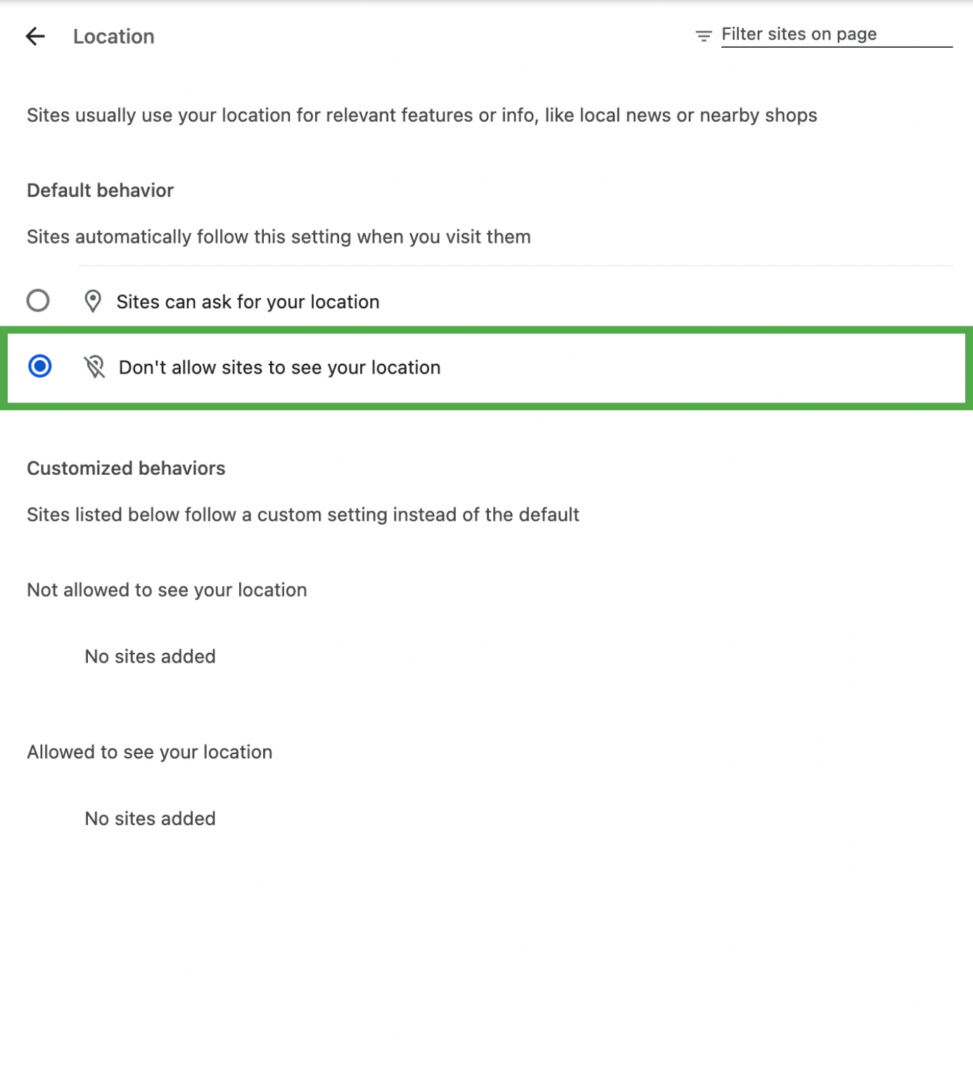 Chrome location permissions page with Don't allow sites to see your location selected