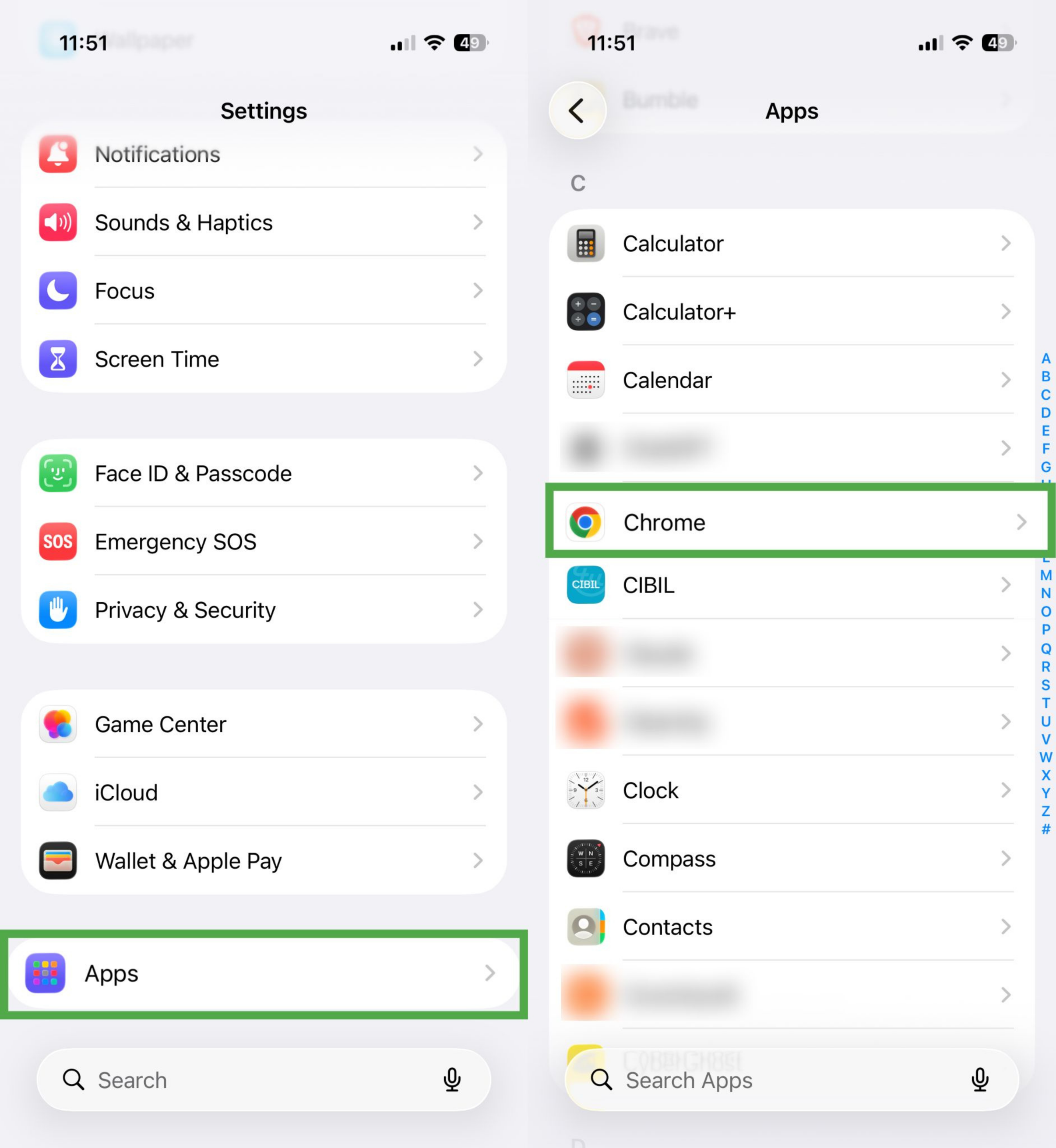 iPhone Settings app showing Apps, with Chrome selected in the app list