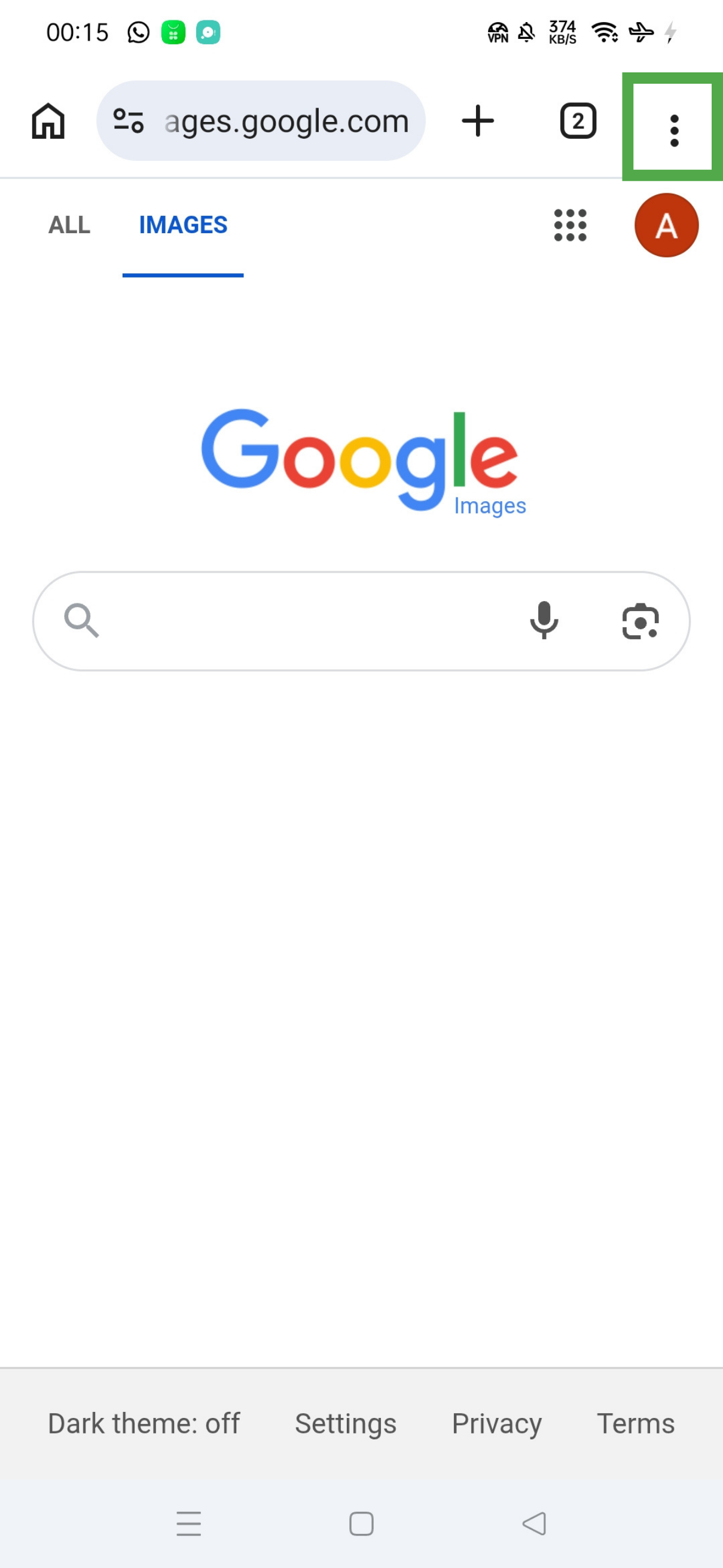 Chrome homepage on Android with the three-dot menu button highlighted