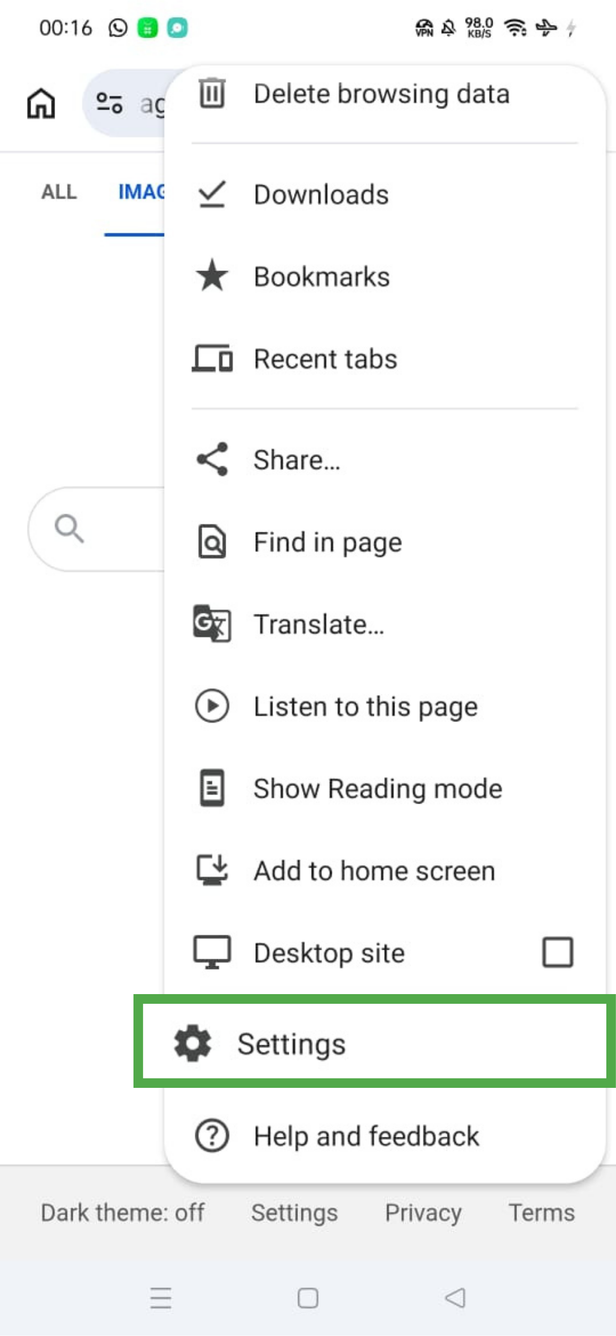 Chrome menu on Android with Settings highlighted