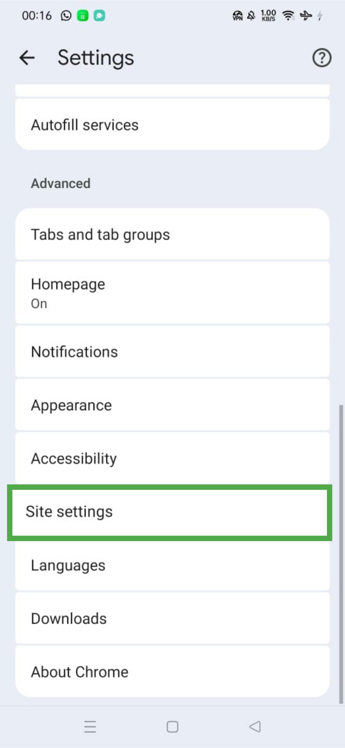 Chrome settings page on Android with Site settings selected
